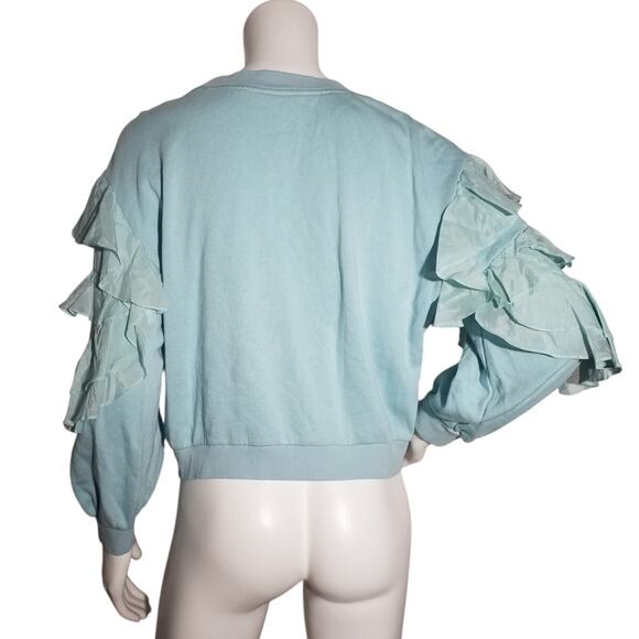 Alice + Olivia Womens Size Medium Sweater Crew Neck Blue Ruffle Pullover - Picture 3 of 7